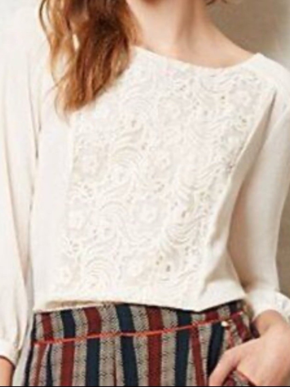 Anthropologie Maeve Ivory Lace Front Blouse 3/4 sleeve Career Ladylike Sz 8
